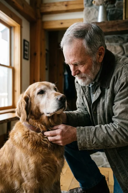 Dueño ajustando con cuidado el collar de su perro mayor