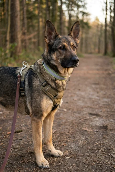 Dog equipped with safety collar and harness for total control