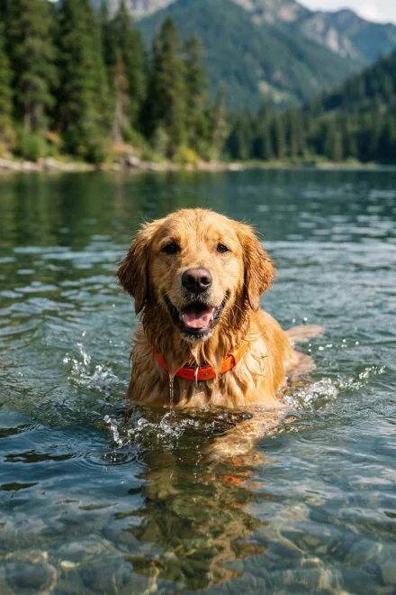 Dog with orange biothane collar swimming in a lake