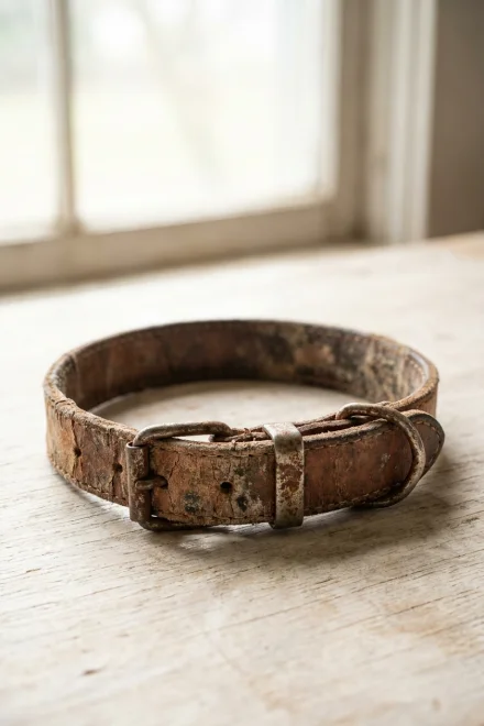 Leather collar deteriorated by moisture and sun