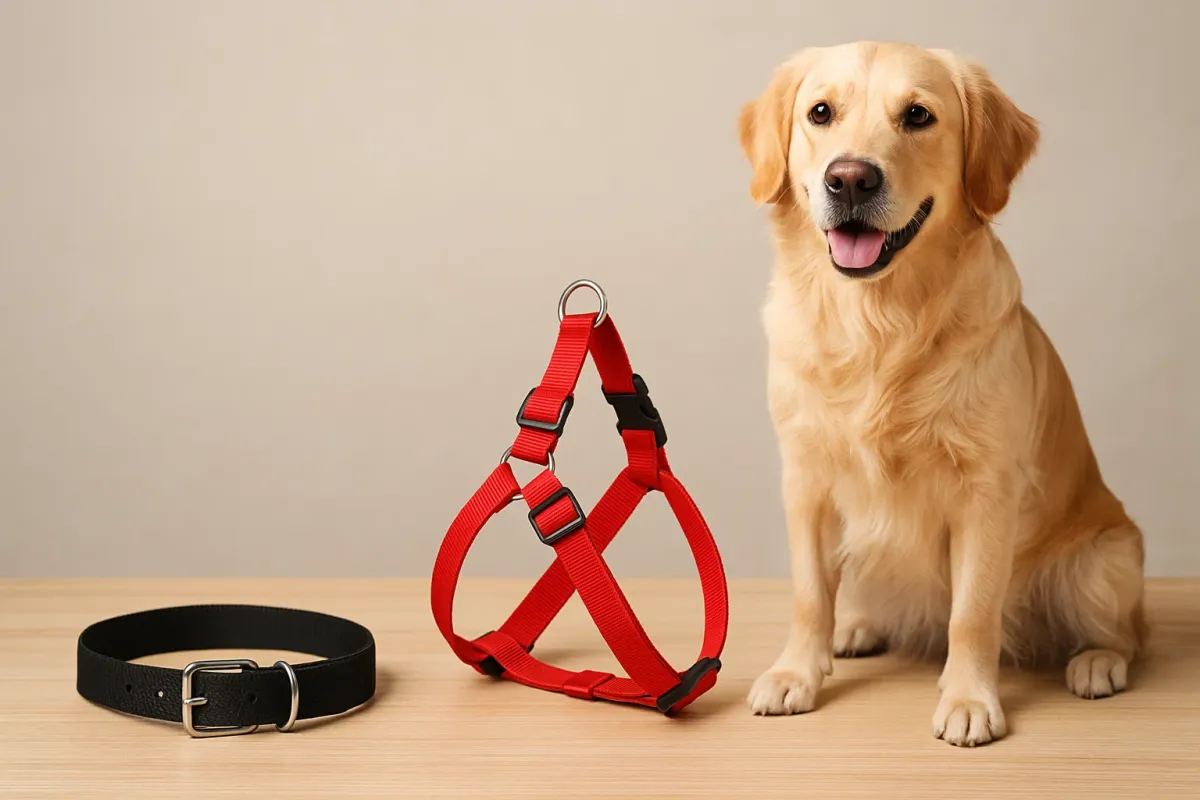 Perro con arnés paseando junto a otro con collar