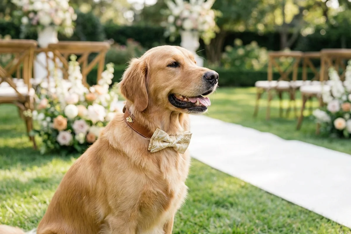 Dog wearing an elegant collar with a bowtie for a wedding ceremony