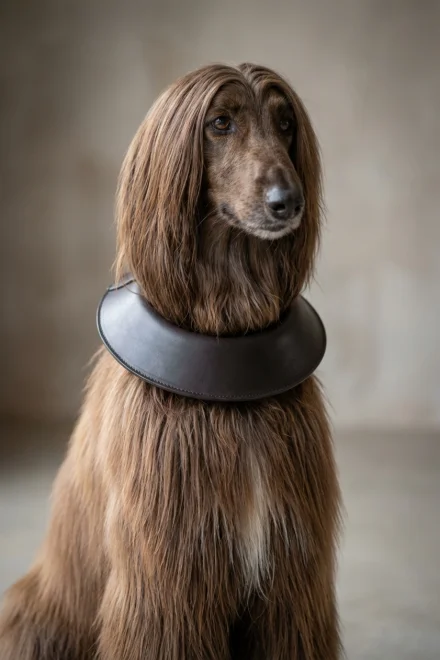 Perro de pelo largo con collar de diseño redondo para evitar nudos