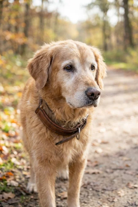 Perro anciano caminando tranquilamente con un collar acolchado