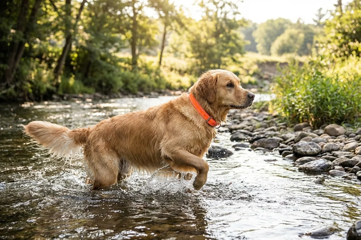 Perro jugando en el agua con un collar de Biothane de color llamativo