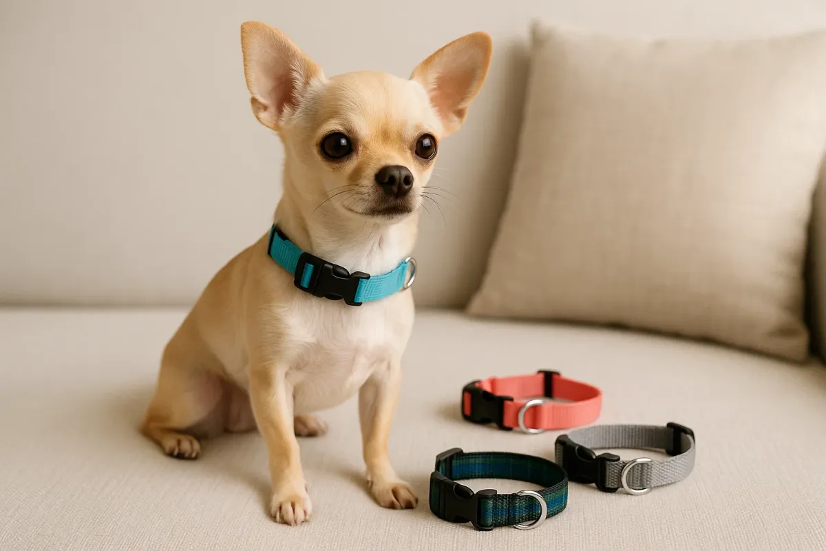 Perro pequeño con un collar cómodo de nailon acolchado
