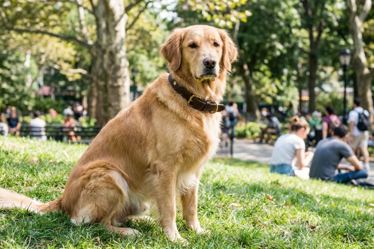 Perro de raza grande luciendo un elegante y resistente collar de cuero genuino color marrón en un parque