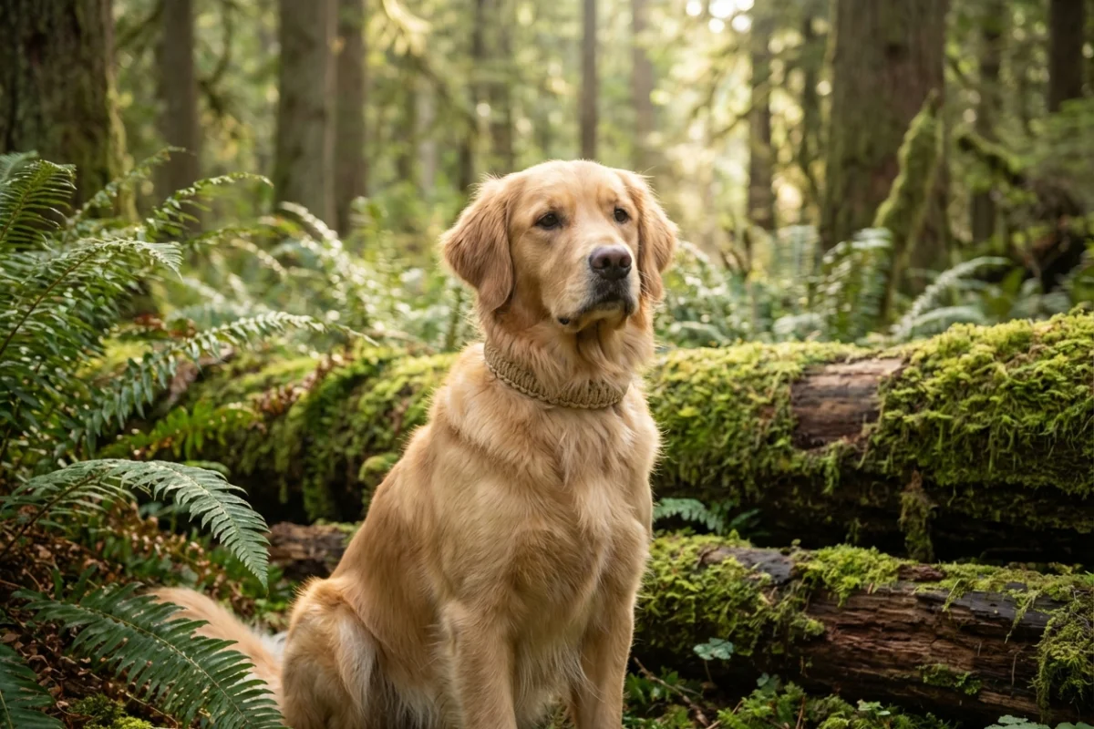 Perro luciendo un collar de cáñamo natural en un entorno boscoso y natural