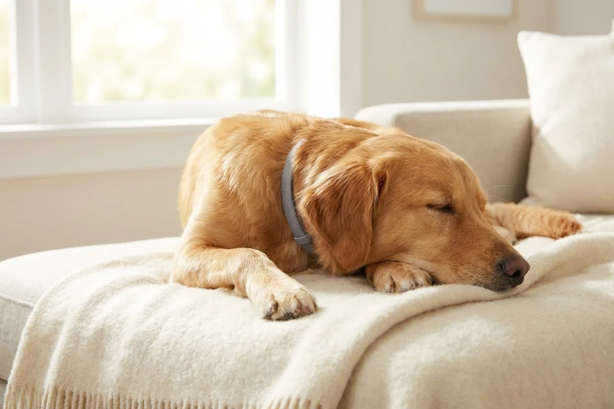 Perro descansando tranquilamente con un collar de feromonas para reducir el estrés y la ansiedad