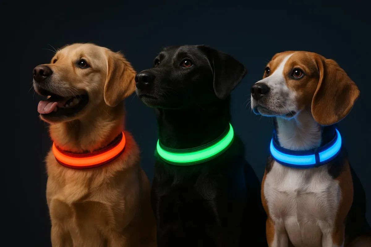 LED dog collar glowing during a night walk