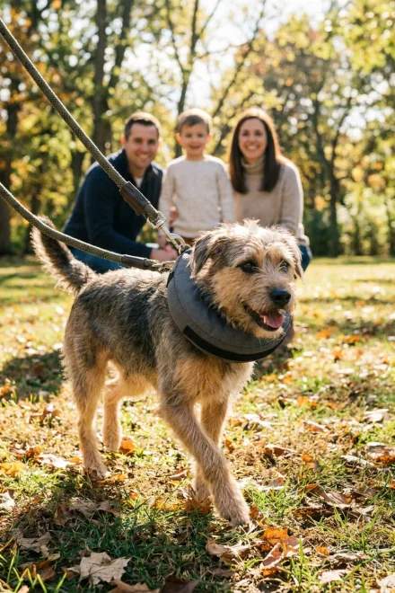 Newly adopted dog with safety collar and leash in a park
