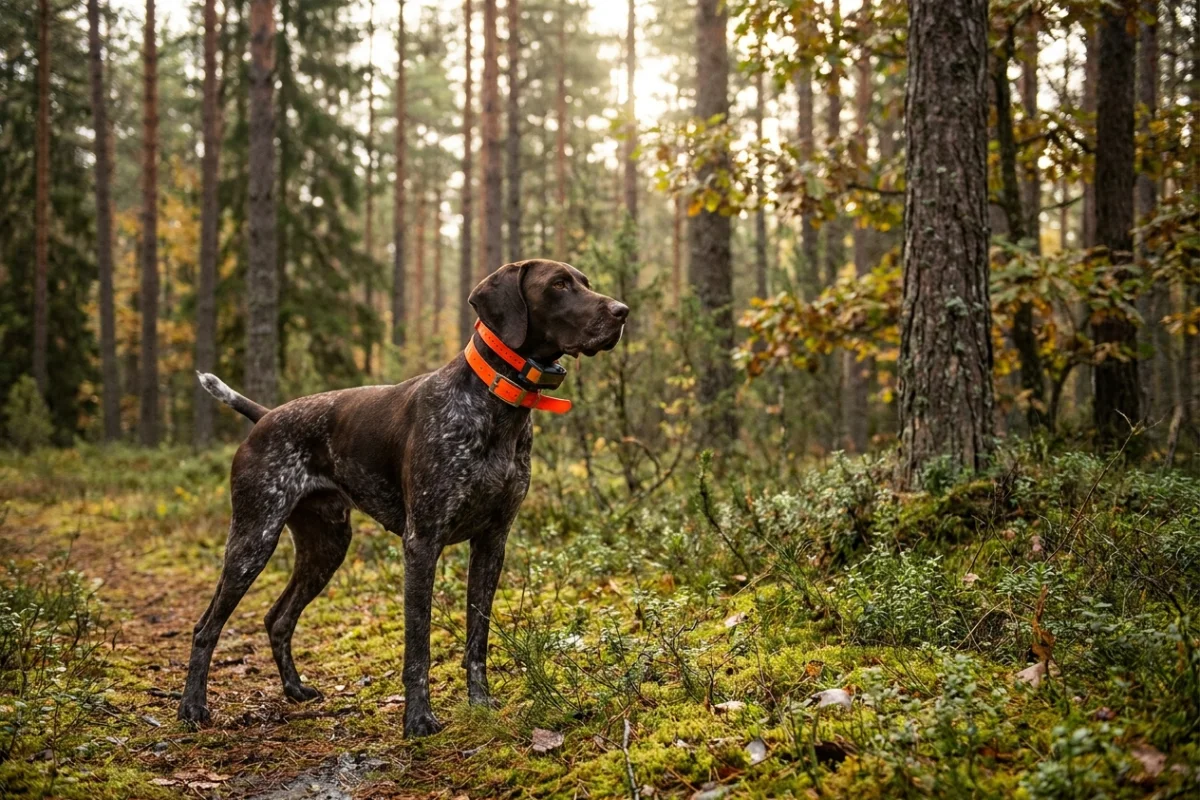 Hunting dog with high-visibility orange collar in a dense forest environment
