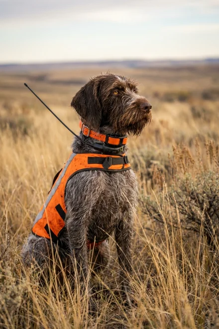 Hunting dog equipped with tracking collar and high visibility in the field