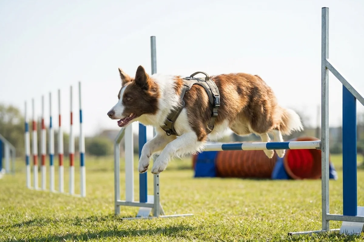 Perro de deporte con collar técnico corriendo en una pista de agility
