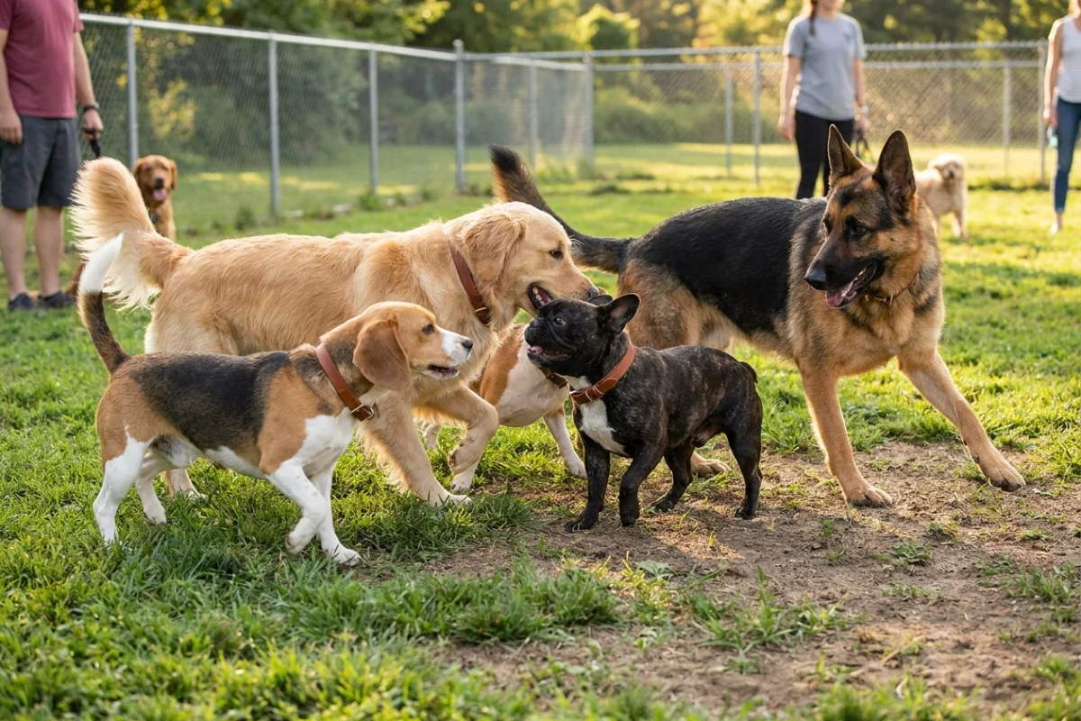 Several dogs playing in a dog park with safe collars to avoid snagging