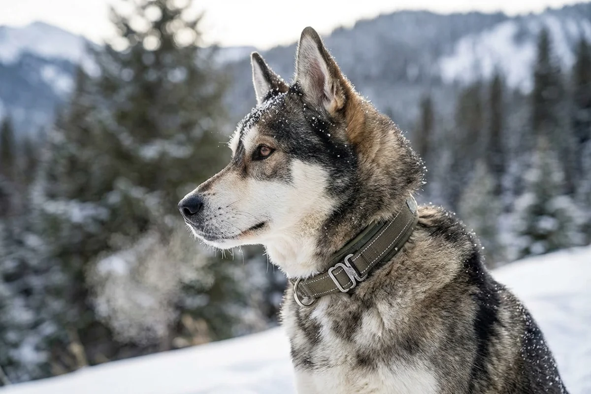 Perro de nieve usando un collar resistente a bajas temperaturas y humedad