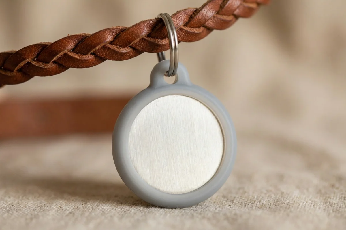 Close-up of an ID tag with a silicone protector to prevent noise on the dog collar