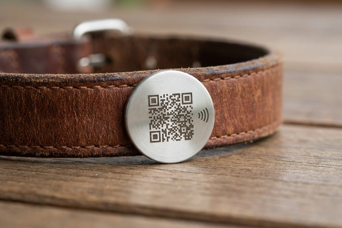 Primer plano de un collar para perro con una chapa inteligente que integra código QR y tecnología NFC