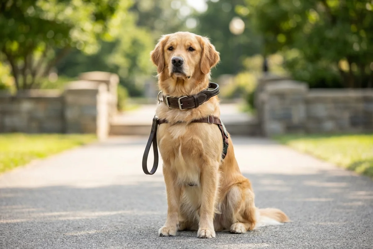 Perro de asistencia con collar profesional de alta resistencia y asa de control