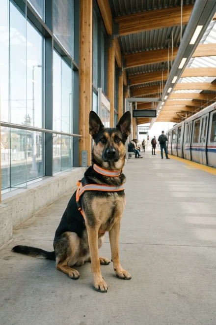 Perro con collar de seguridad esperando en una estación de transporte