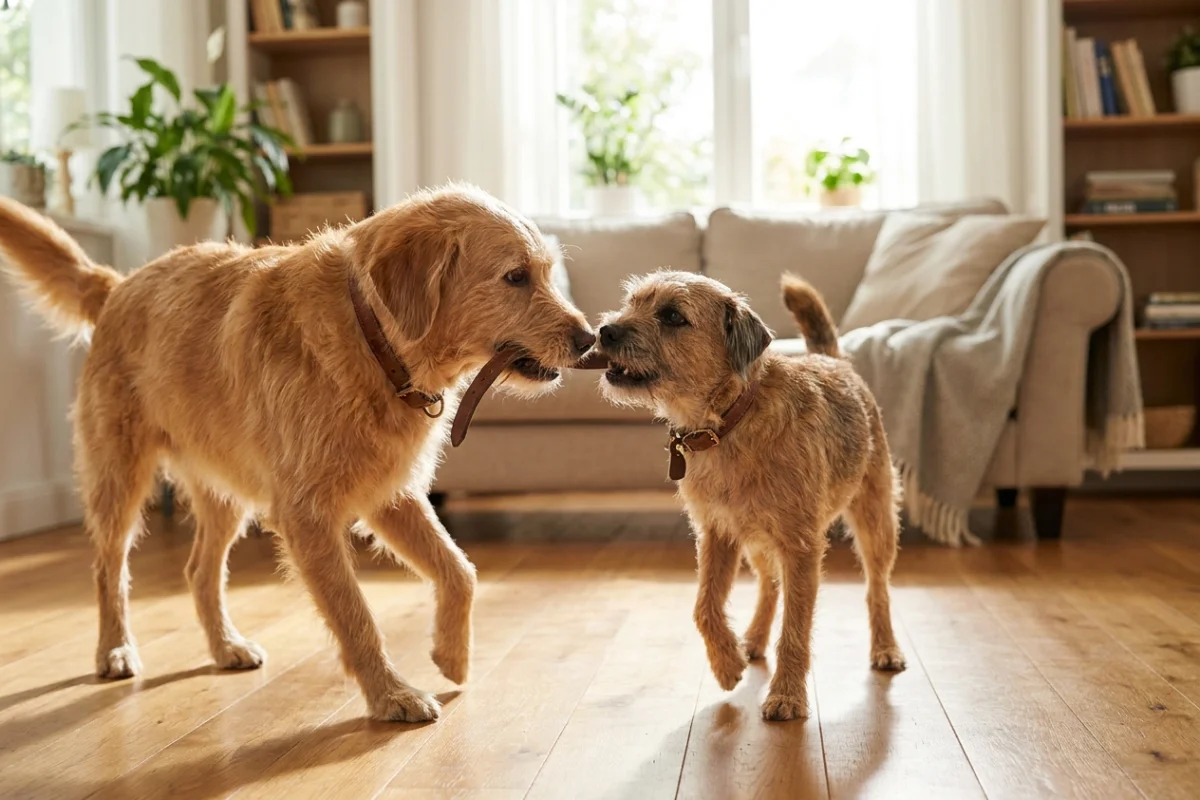 Two dogs playing and nibbling on their collars in a home environment