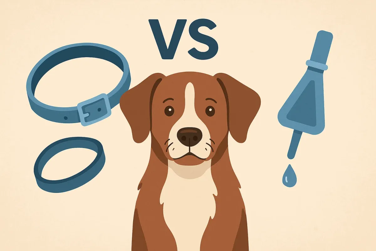 Perro con collar antiparasitario junto a pipetas sobre una mesa