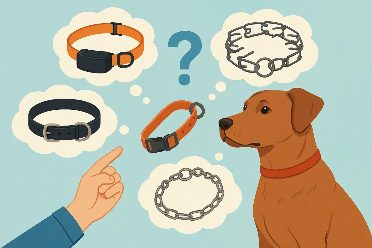 Dueño ajustando un collar de adiestramiento a su perro de manera correcta