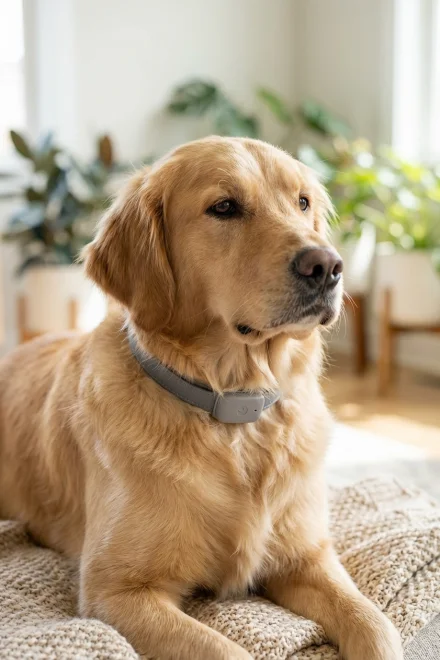 Perro tranquilo usando un collar de feromonas