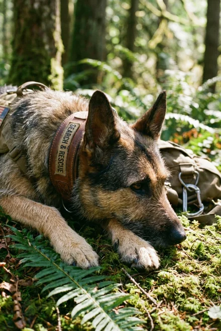 Perro de búsqueda y rescate descansando con un collar acolchado