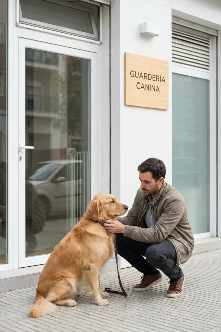 Owner checking their dog's collar before entering a dog daycare