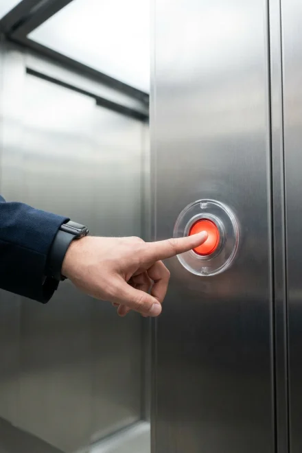 Person pressing emergency button in an elevator