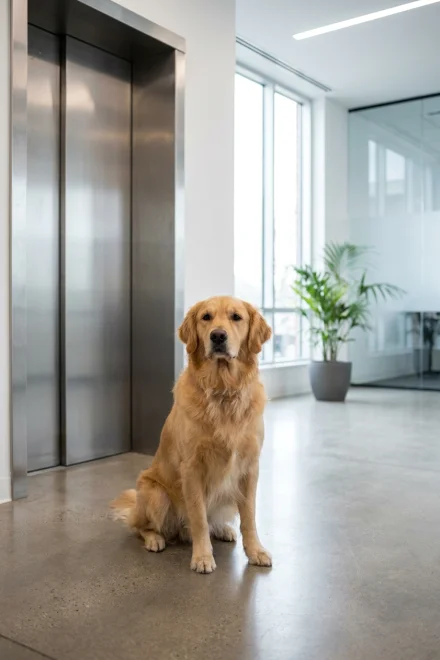 Dog sitting waiting in front of an elevator