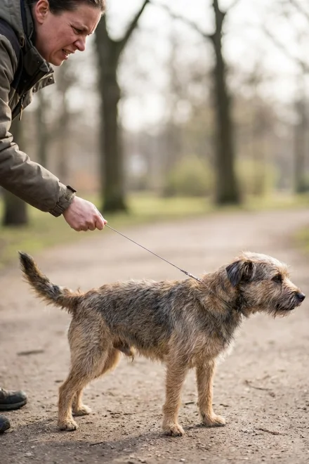 Persona intentando controlar a un perro con un collar demasiado fino