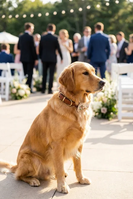 Dog with elegant collar at a wedding