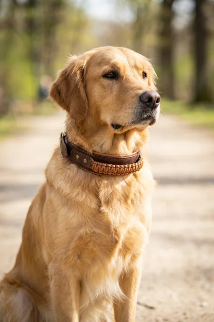 Perro de asistencia con collar que incluye asa de control superior
