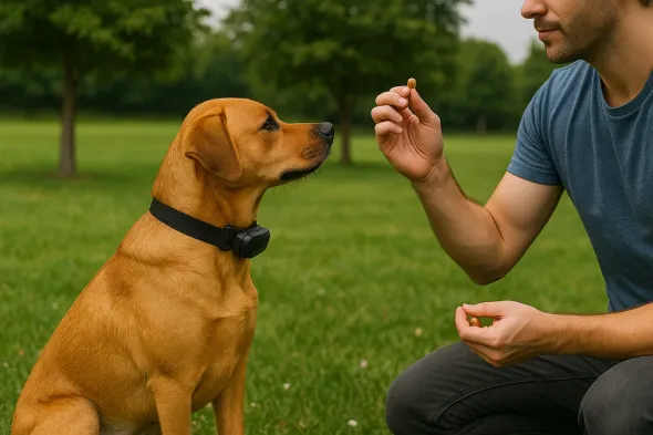 Owner associating verbal commands with training collar use
