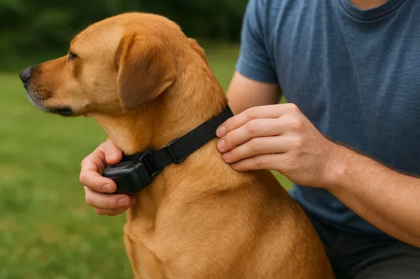 Correct placement of the training collar on the dog’s neck