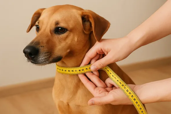 Medición del cuello de un perro con cinta métrica siguiendo la regla de los dos dedos