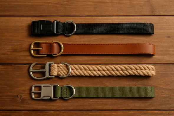 Distintos materiales de collares para perros sobre una mesa de madera