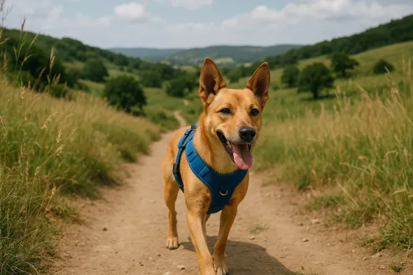 Perro con arnés haciendo senderismo en el campo