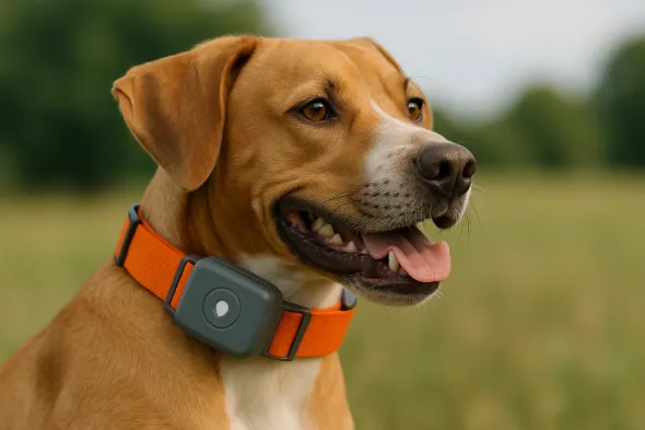 Cane che cammina in montagna con un collare GPS