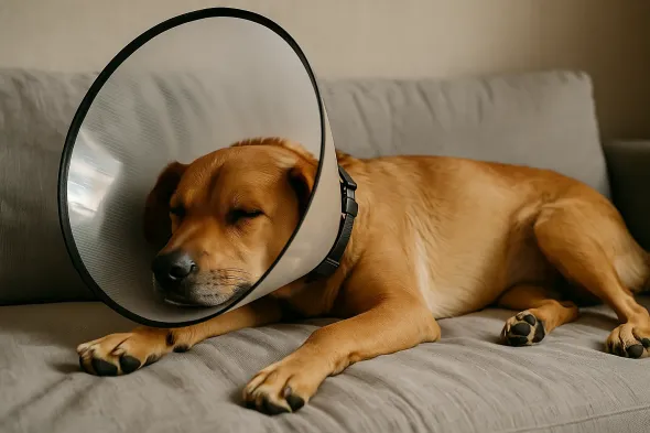 Dog resting with an Elizabethan collar after surgery