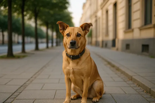 Perro con collar en paseo urbano tranquilo