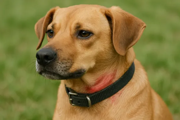 Perro con irritación leve en el cuello causada por un collar ajustado