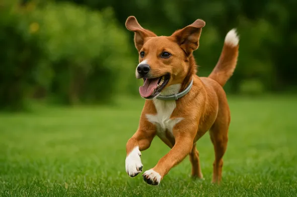 Perro corriendo con un collar antiparasitario en la naturaleza