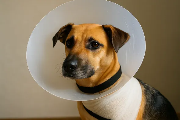 Dog with stitches wearing an Elizabethan collar for protection