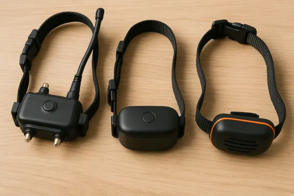 Tipos de collares de adiestramiento eléctricos, de vibración y de sonido colocados sobre una mesa