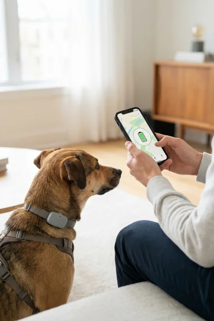 Dueño revisando la batería de un collar GPS para perros a través de una app móvil