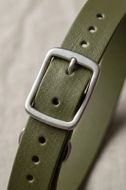 Detalle de la hebilla y los orificios de ajuste en un collar de Biothane