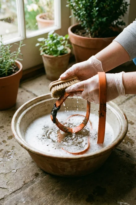 Washing a nylon dog collar in a container with water